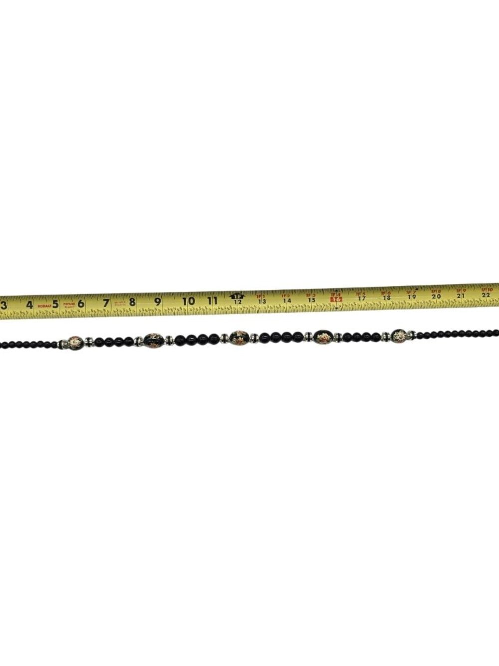 Vintage Black Beaded Cloisonné Floral Necklace Gold Tone Spacers Statement 24” - Picture 2 of 9